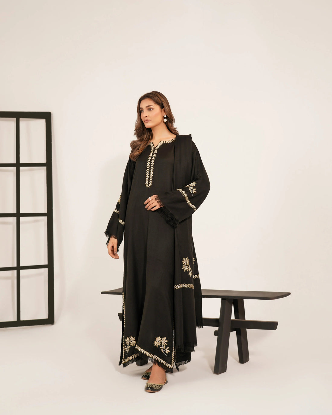 Black Embroidered Zari Kaftan with Straight Pant – Marina Fabric | Zari Neck & Sleeve Work-CFK-08 ChoiceFabrics
