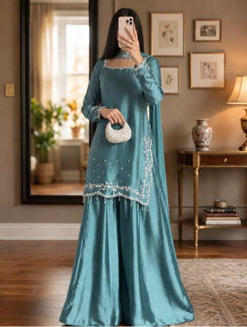 LUCITE PURE TUSSLE SILK 3PICE SHRARA DRESS & MEDIUM SILK NECKLES DUPTA