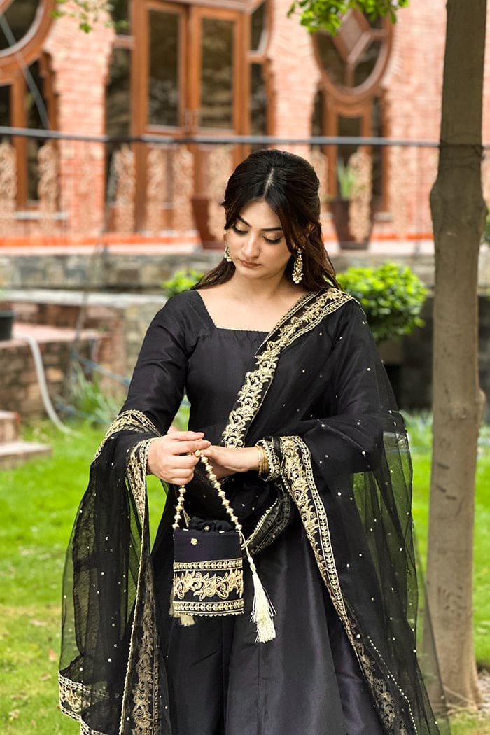Luxury Black & Gold Embroidered Silk Kataan Suit |Maxi – Stitched 3 Piece Maxi Dress for Women - ChoiceFabrics