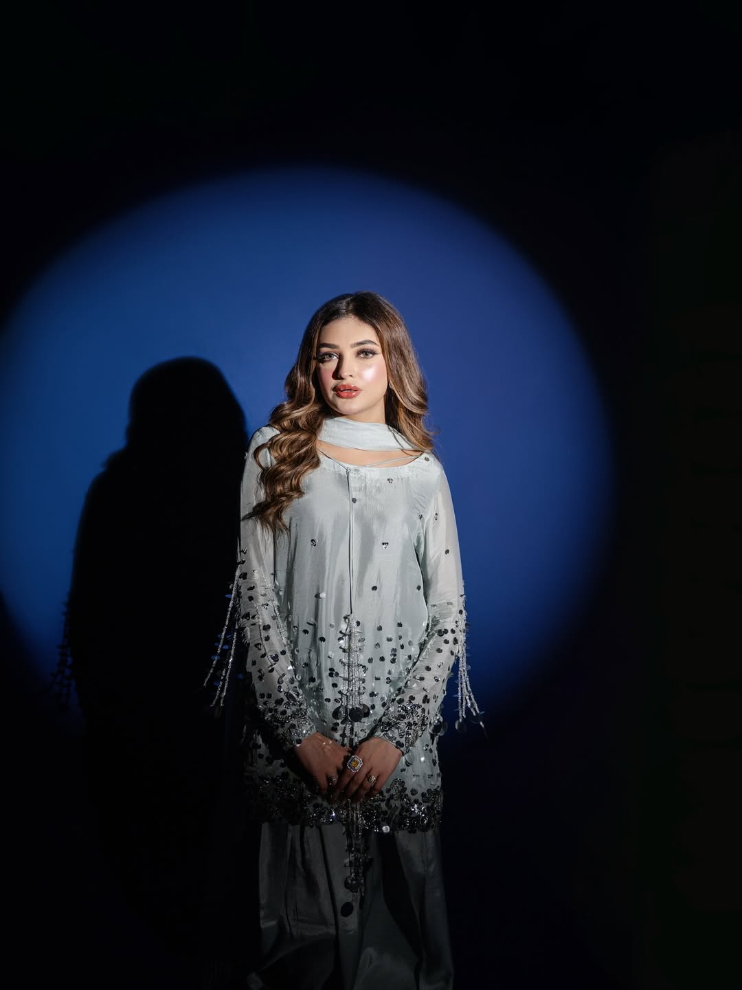 Silver Most Pure Tussle Silk 3-Piece Ladies Suit – Hand-Embellished Shirt, Farshi Shalwar & Handmade Silk Dupatta ChoiceFabrics