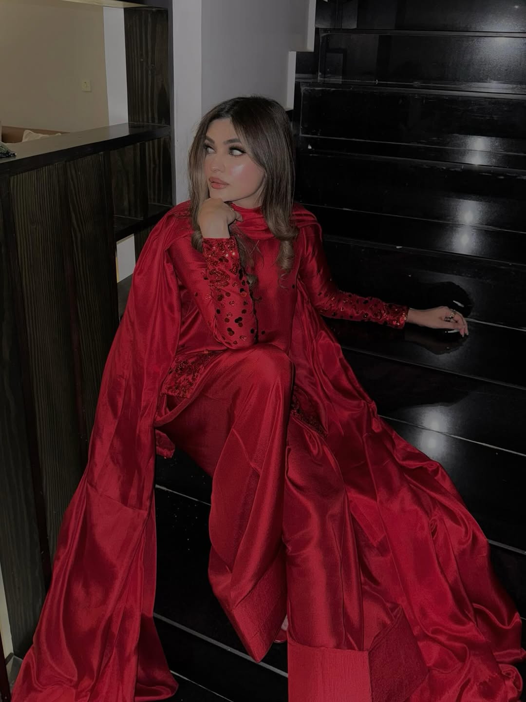 Traditional farshi shalwar in ruby red silk fabric for formal and festive wear