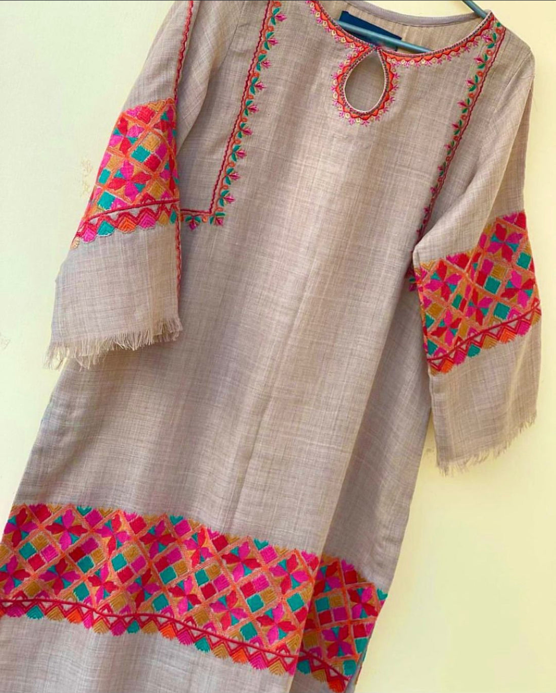 Beige Pashmina Wool Kurta Cord Set – Embroidered Winter Outfit for Women ChoiceFabrics