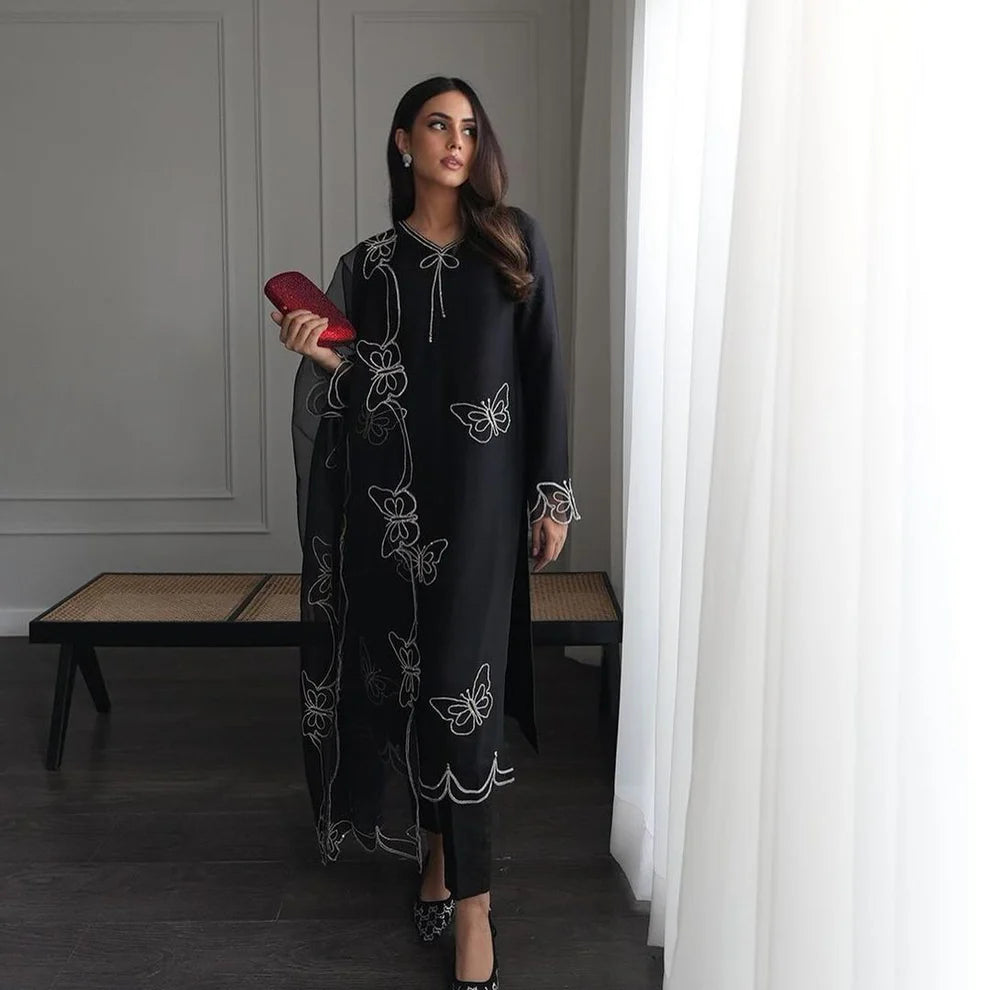 CF BUTTERFLY TUSSLE Silk 3-Piece Ladies Suit – Hand-Embellished Shirt,  & Handmade Organza Dupatta