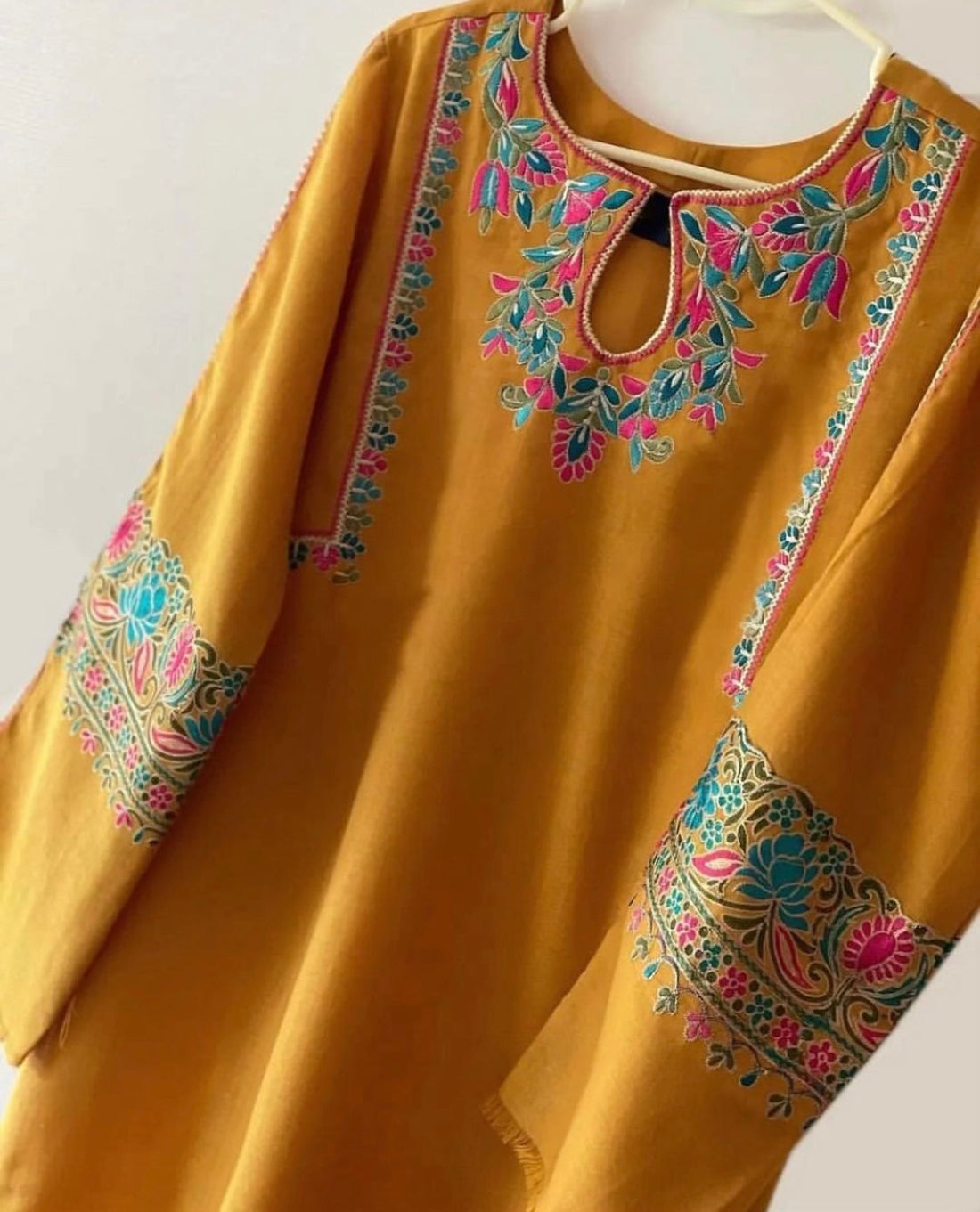 Mustard Pashmina Wool Kurta Cord Set – Embroidered Winter Outfit for Women ChoiceFabrics