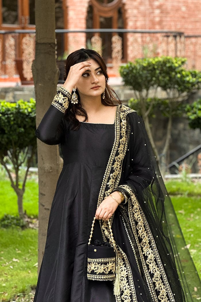 Luxury Black & Gold Embroidered Silk Kataan Suit |Maxi – Stitched 3 Piece Maxi Dress for Women - ChoiceFabrics