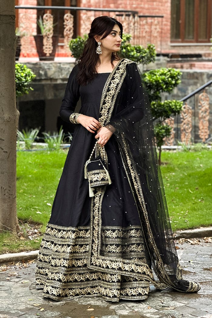 Luxury Black & Gold Embroidered Silk Kataan Suit |Maxi – Stitched 3 Piece Maxi Dress for Women - ChoiceFabrics