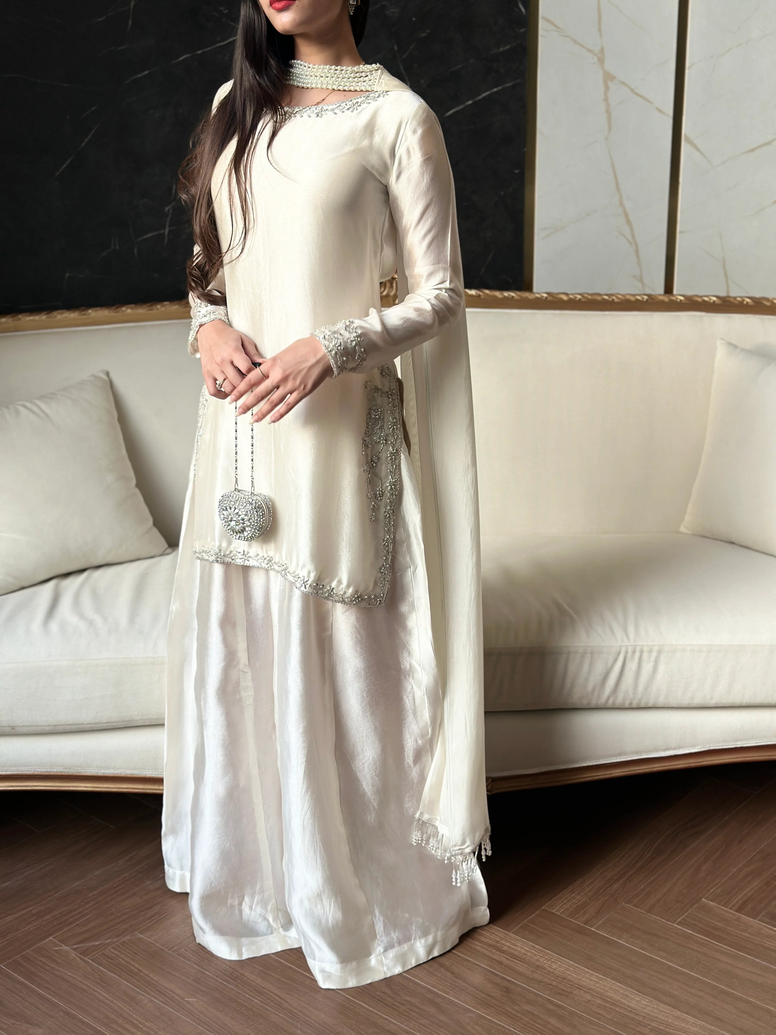 CHANDNI PURE TUSSLE SILK 3PICE SHRARA DRESS & MEDIUM SILK NECKLES DUPTA