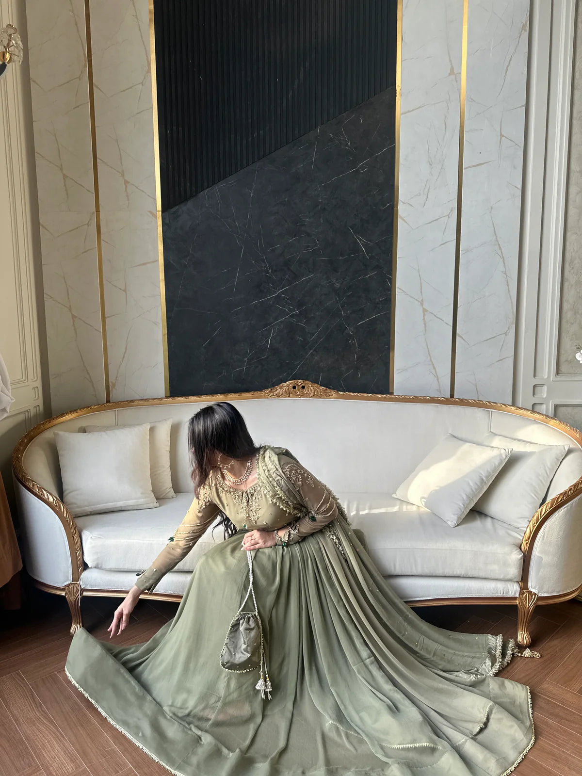 OLIVE BLOOM-Hand-Embellished Shifoon 3pc maxi with trouser