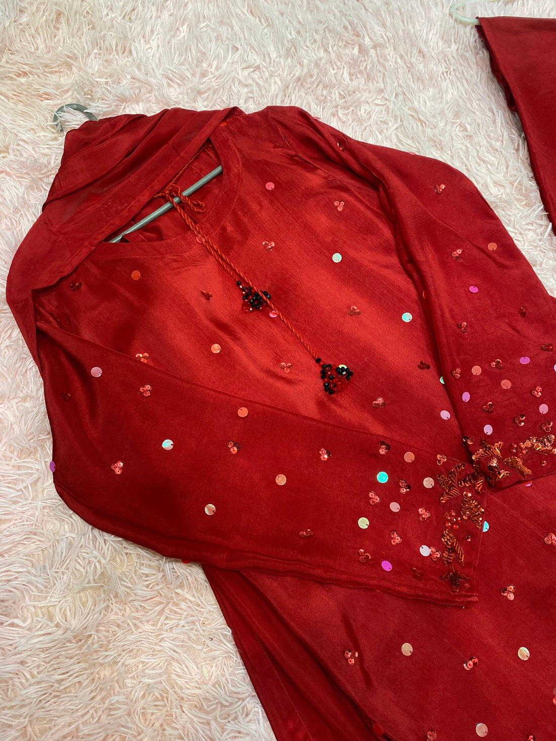 Ruby red pure tussle silk 3-piece suit with farshi shalwar and handmade dupatta for women