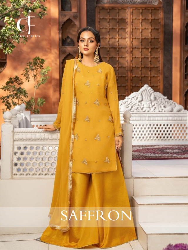 SAFFRON Mehndi & Mayoun Dress Pakistan – 3-Piece Hand Embellished Chiffon & Silk Outfit ChoiceFabrics