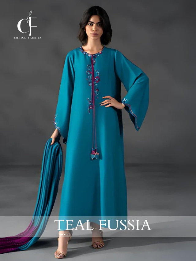 Teal Blue Raw Silk Kaftan Dress – Pakistani Party Wear | Eid & Formal Outfit Online ChoiceFabrics