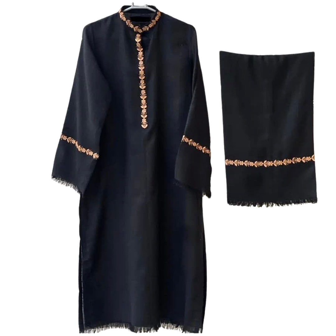 Black Pashmina Wool Kurta Cord Set with Box Trouser – Embroidered Winter Outfit ChoiceFabrics