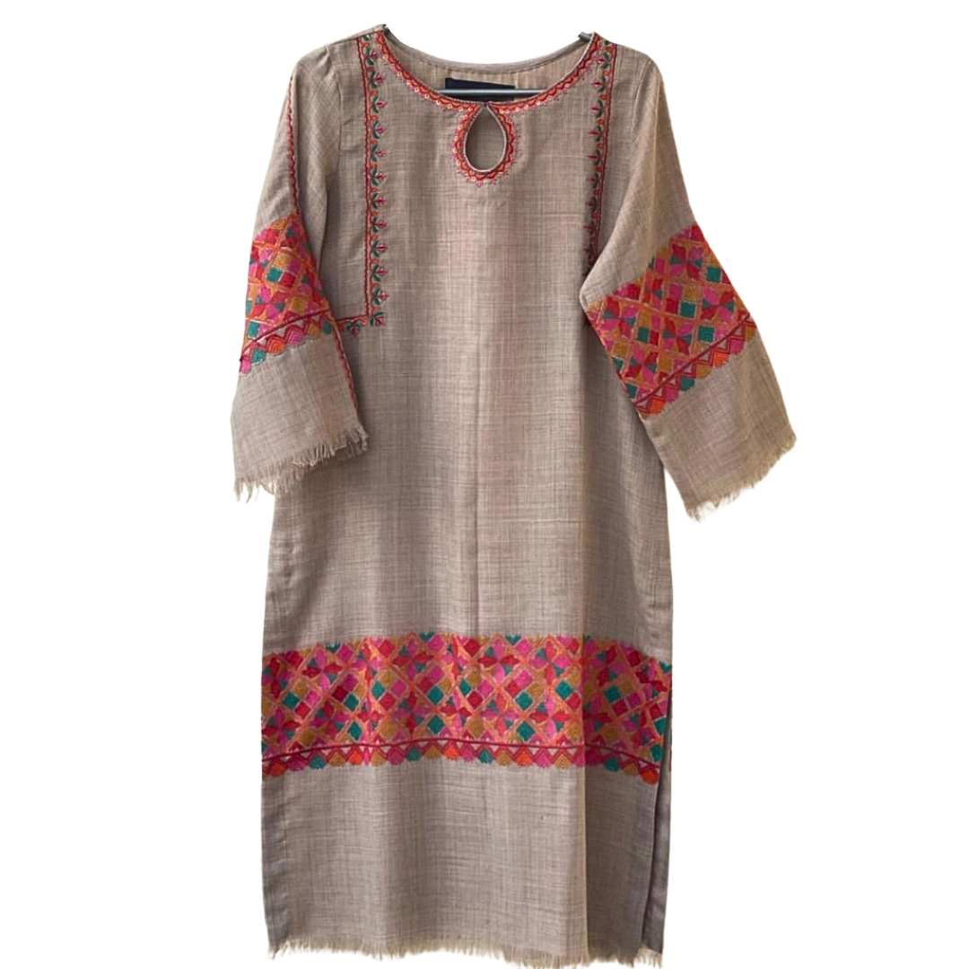 Beige Pashmina Wool Kurta Cord Set – Embroidered Winter Outfit for Women ChoiceFabrics