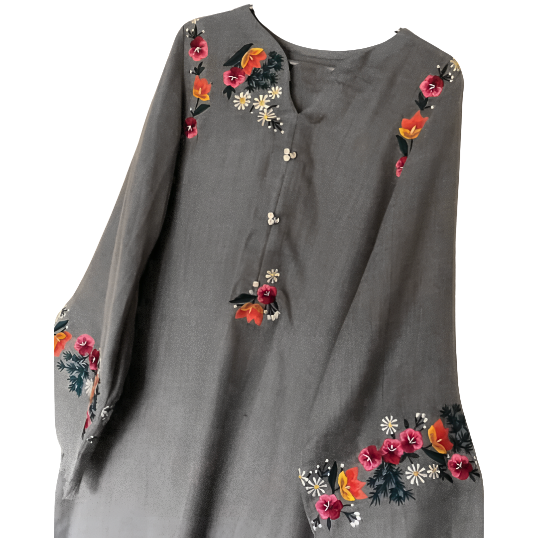 Charcoal Grey Pashmina Wool Kurta Cord Set – Embroidered Winter Outfit for Women ChoiceFabrics