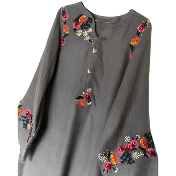 Charcoal Grey Pashmina Wool Kurta Cord Set – Embroidered Winter Outfit for Women ChoiceFabrics