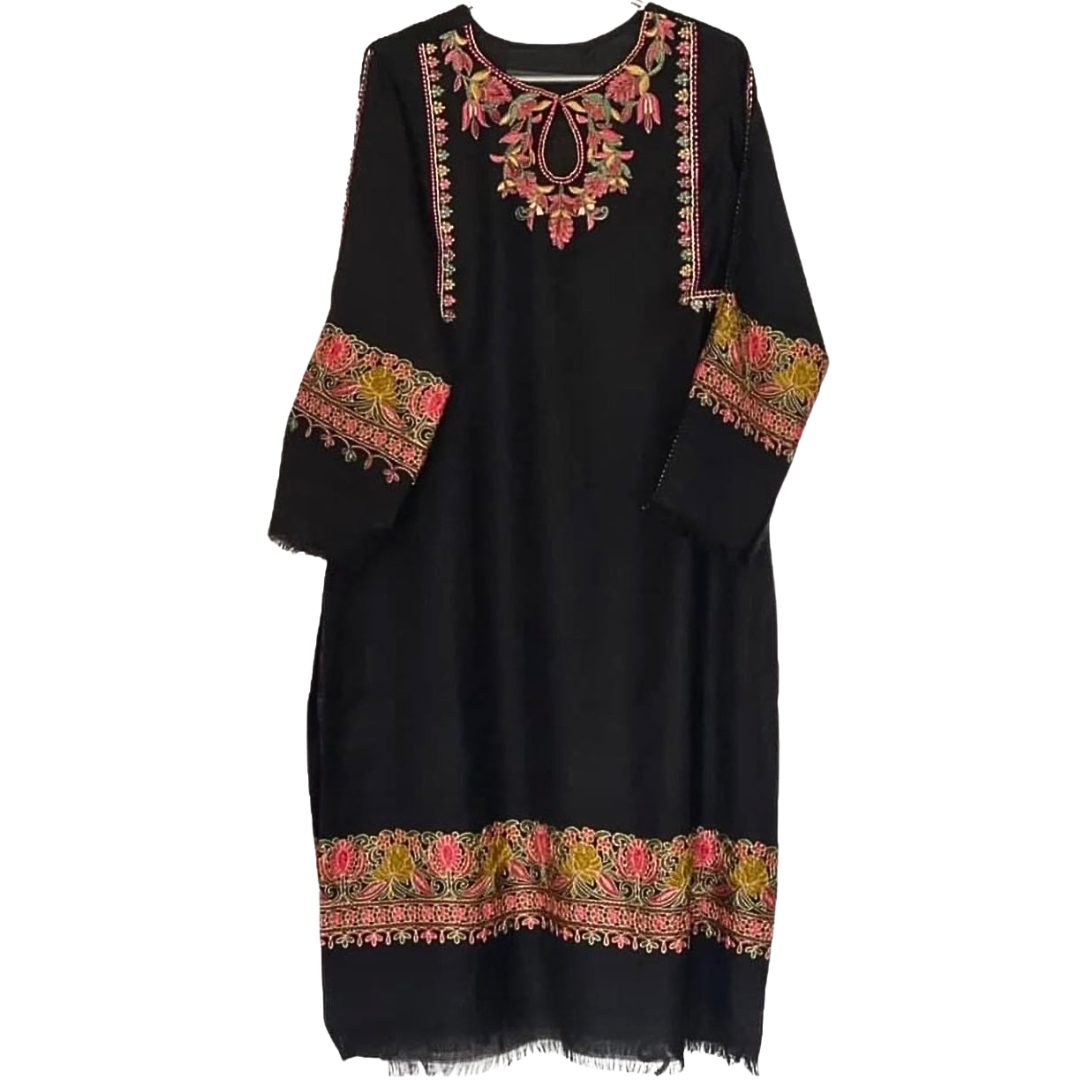 Black Pashmina Wool Kurta Cord Set – Embroidered Winter Outfit for Women ChoiceFabrics