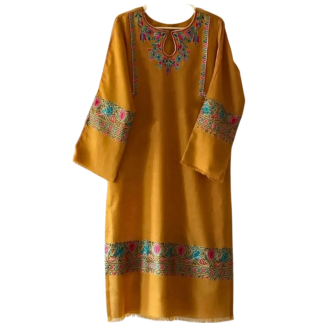 Mustard Pashmina Wool Kurta Cord Set – Embroidered Winter Outfit for Women ChoiceFabrics