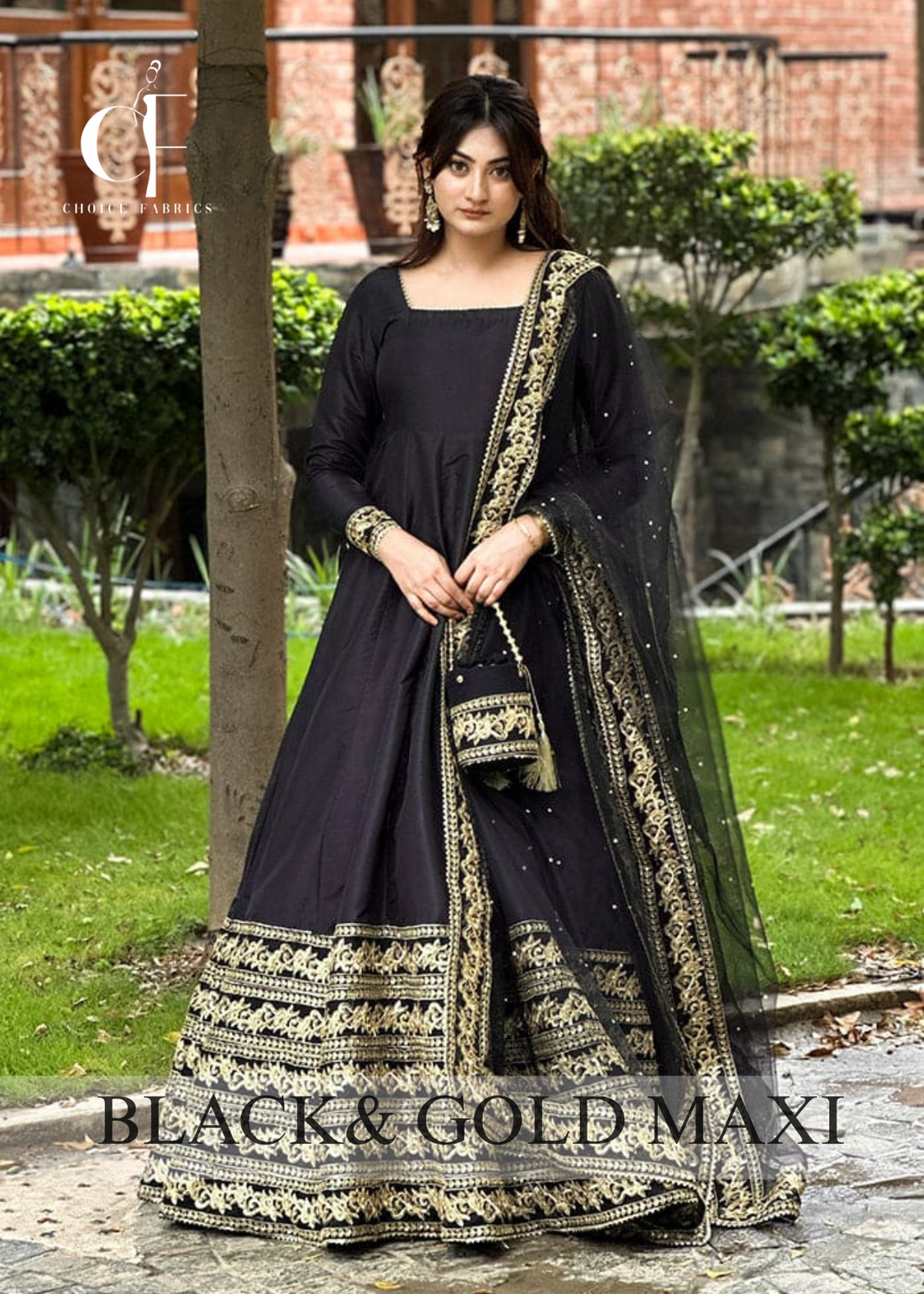 Luxury Black & Gold Embroidered Silk Kataan Suit |Maxi – Stitched 3 Piece Maxi Dress for Women ChoiceFabrics