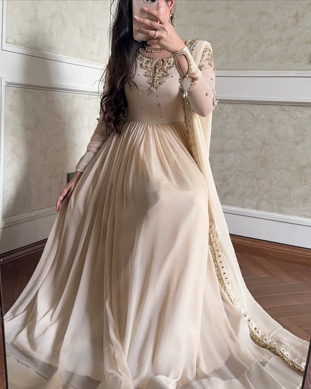 BEIGE BLOOM-Hand-Embellished Shifoon Anarkali Maxi with Dmbellished Dupta