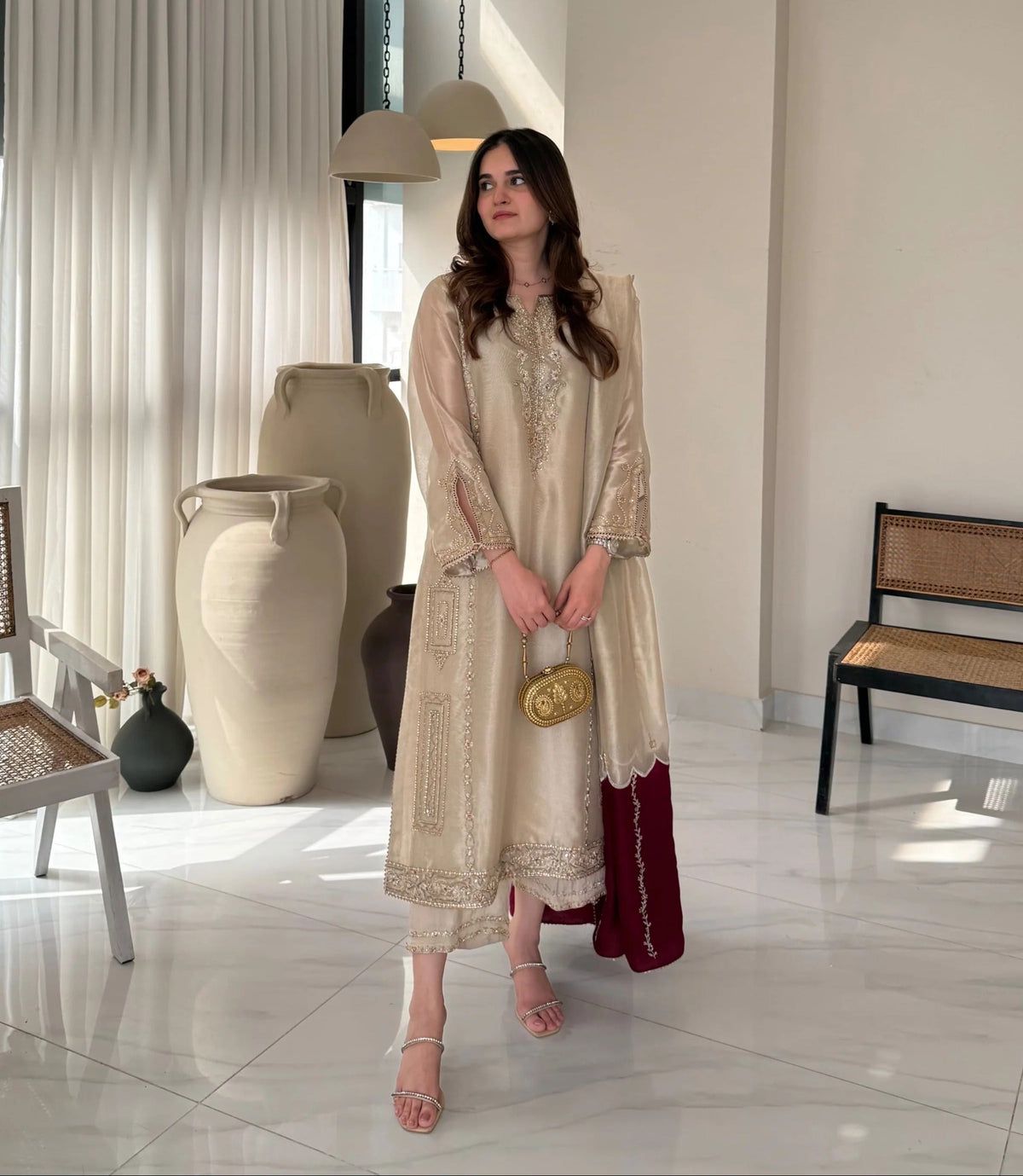 Jazib-e-Nazar Lama Silk tisue 3-Piece Ladies Suit – embroidery Hand-Embellished Shirt, silk trouser & Dupatta