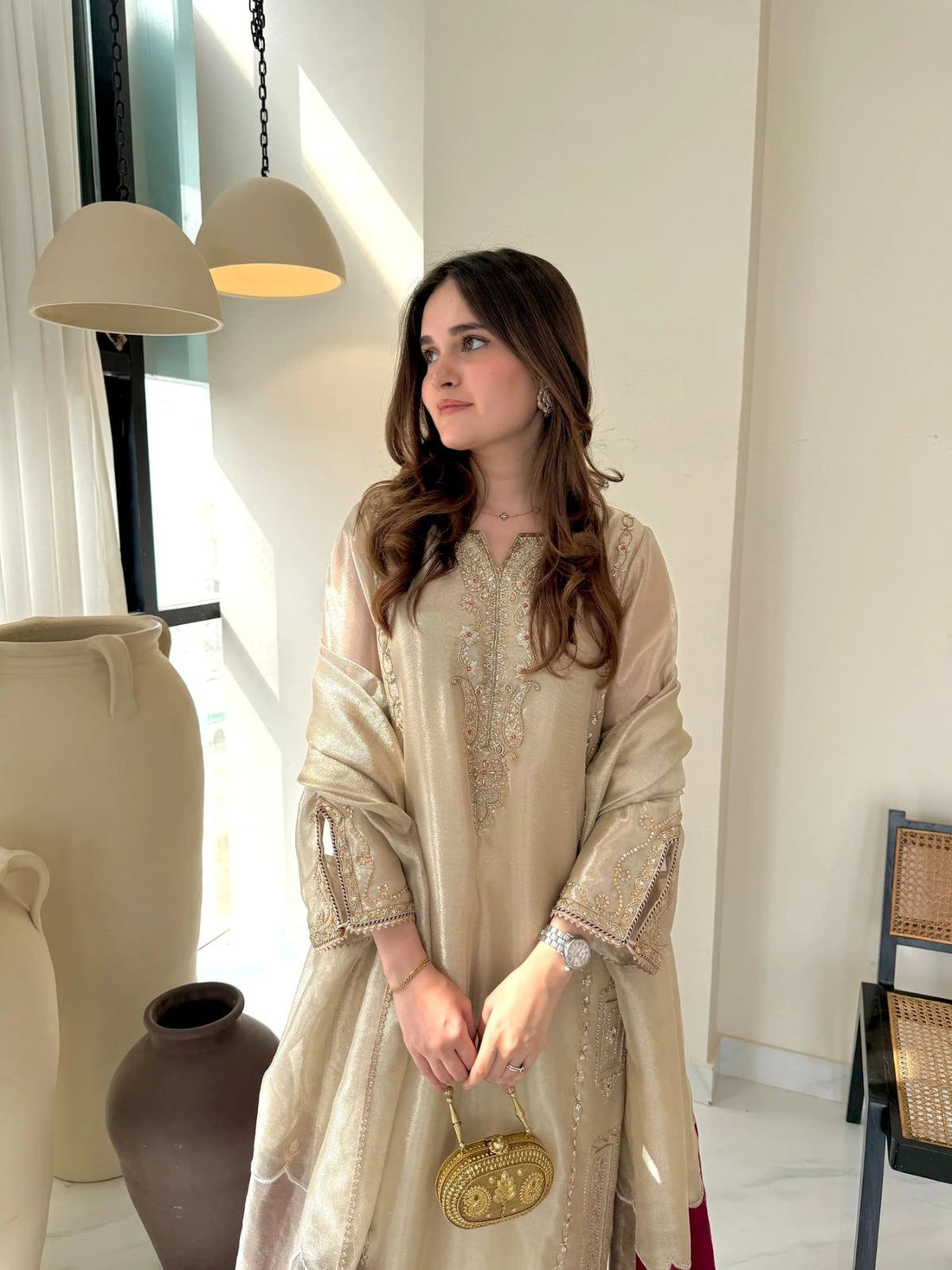 Jazib-e-Nazar Lama Silk tisue 3-Piece Ladies Suit – embroidery Hand-Embellished Shirt, silk trouser & Dupatta