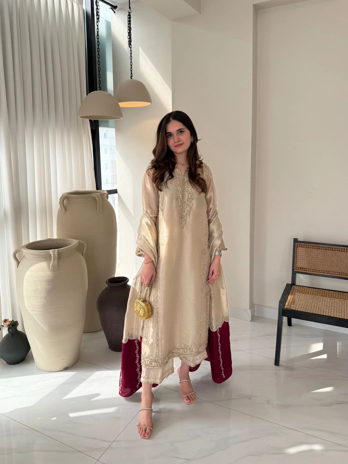 Jazib-e-Nazar Lama Silk tisue 3-Piece Ladies Suit – embroidery Hand-Embellished Shirt, silk trouser & Dupatta