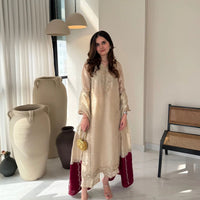 Jazib-e-Nazar Lama Silk tisue 3-Piece Ladies Suit – embroidery Hand-Embellished Shirt, silk trouser & Dupatta