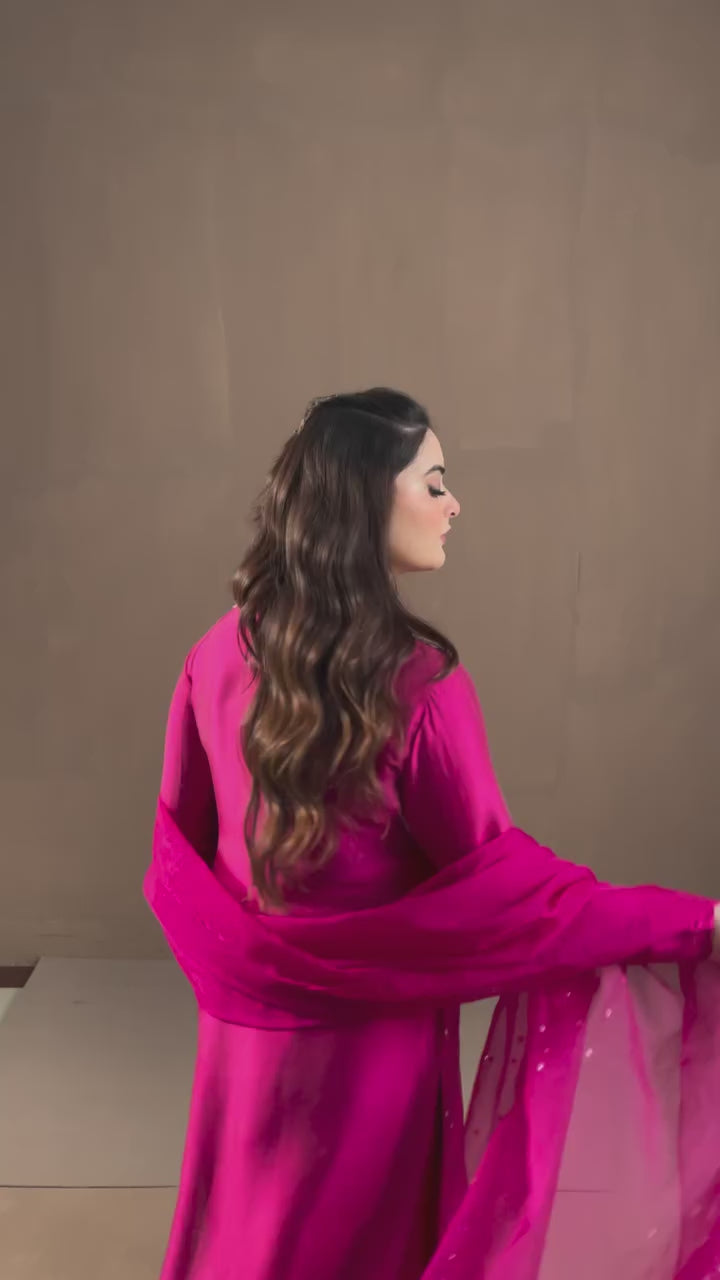 MEHROO Russian Silk 3-Piece Ladies Suit – Hand-Embellished Shirt,  & Handmade Organza Dupatta