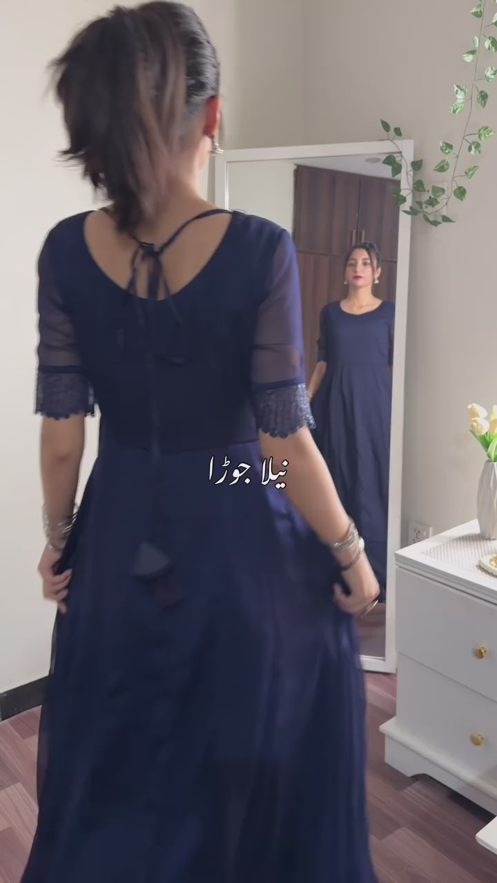 Anarkali Blue Shfoon Dress – Maxi, Dupatta & Gharara | Pakistani Wedding Wear