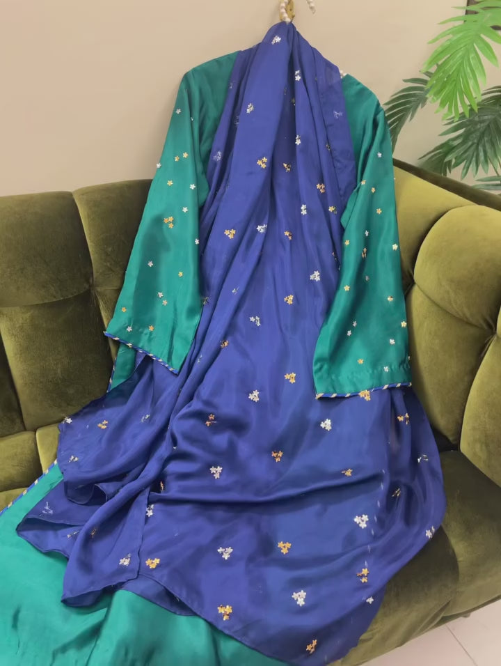 Green Petals Silk 3-Piece Ladies Suit – Hand-Embellished Shirt,  & Handmade silk Dupatta